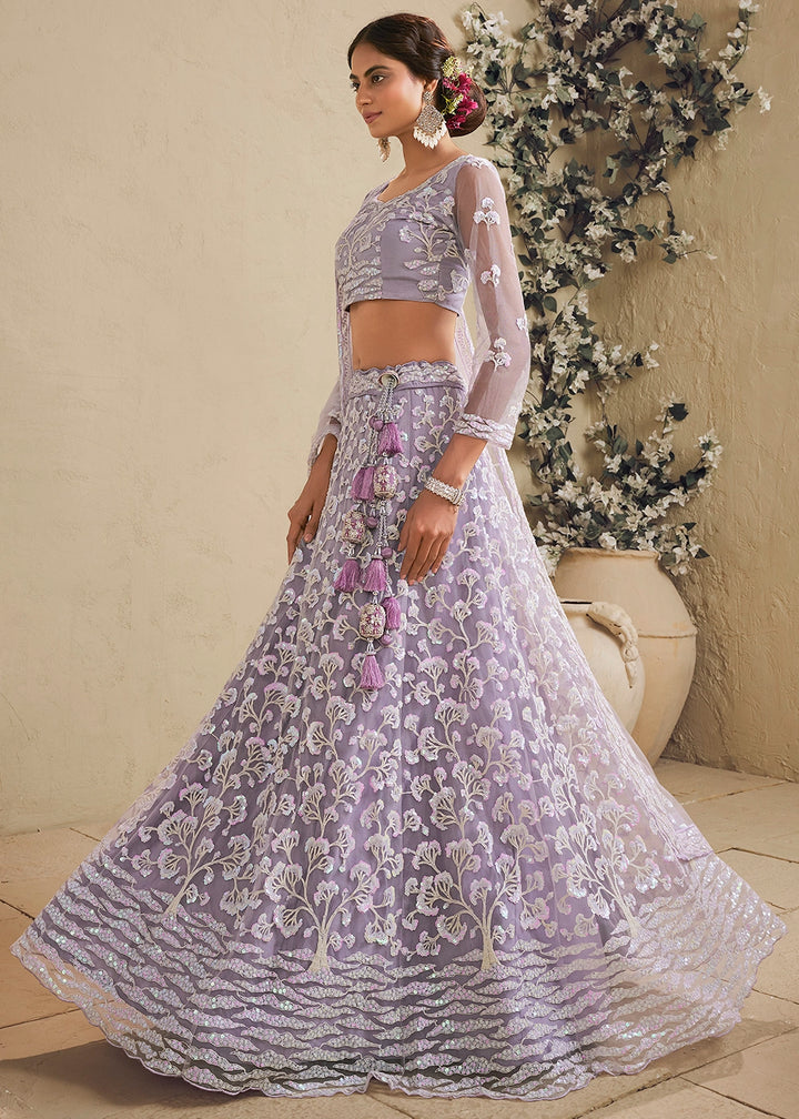 Lilac Purple Net Lehenga Choli with Floral Embroidery & Sequins work