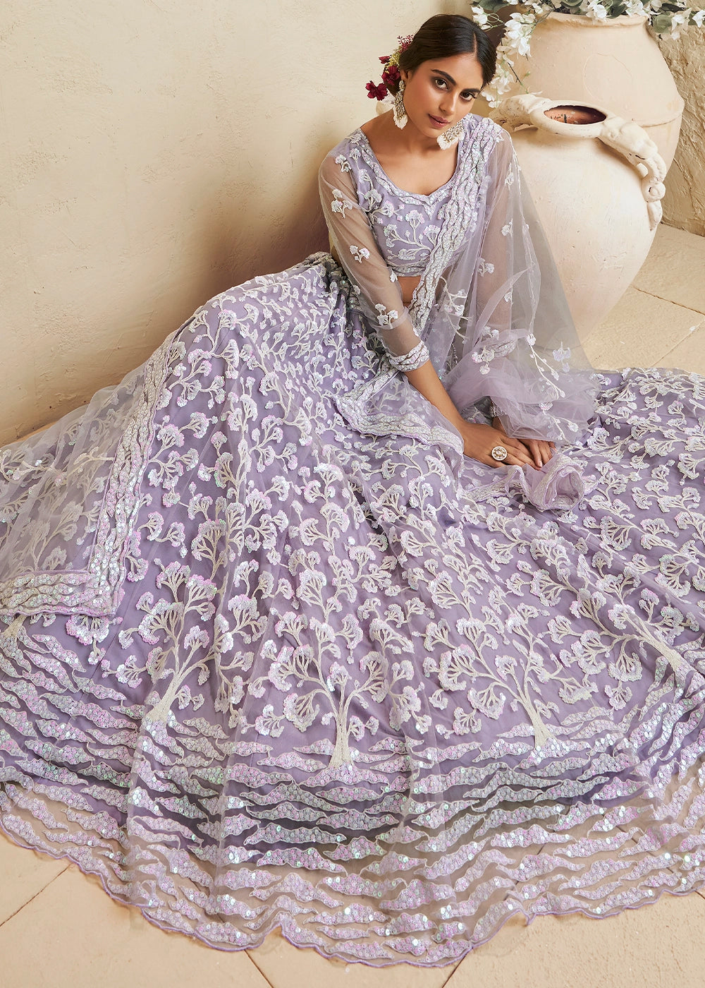 Lilac Purple Net Lehenga Choli with Floral Embroidery & Sequins work