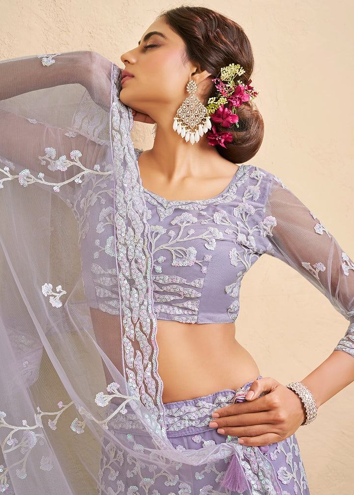 Lilac Purple Net Lehenga Choli with Floral Embroidery & Sequins work