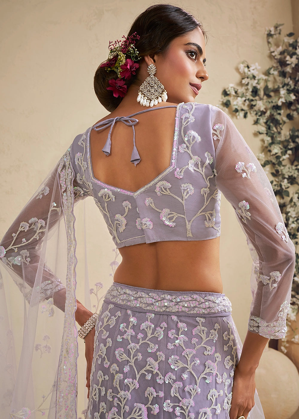 Lilac Purple Net Lehenga Choli with Floral Embroidery & Sequins work