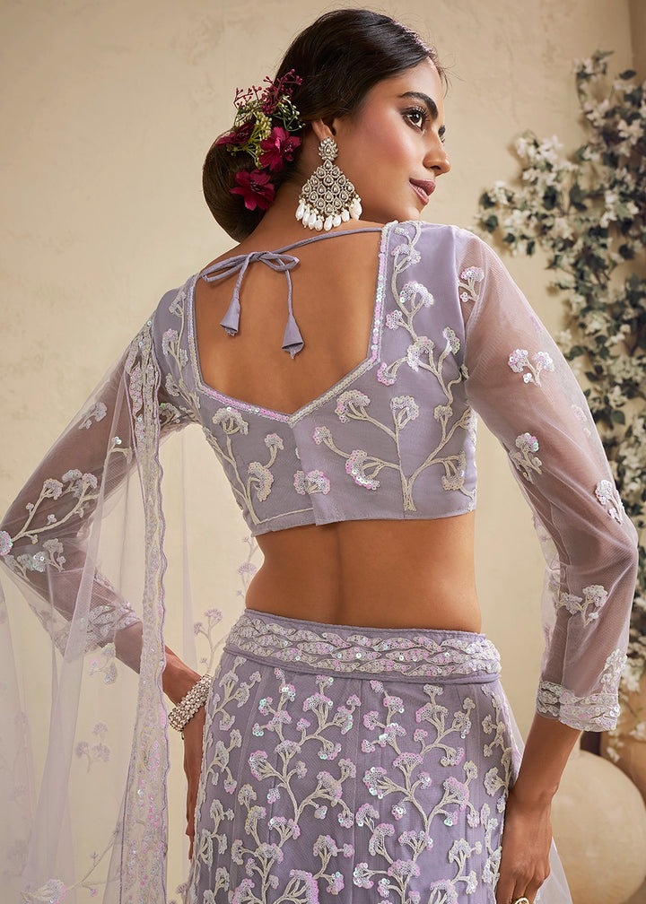Lilac Purple Net Lehenga Choli with Floral Embroidery & Sequins work