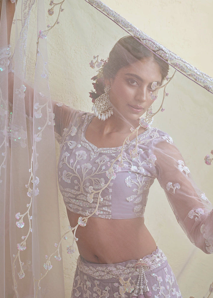 Lilac Purple Net Lehenga Choli with Floral Embroidery & Sequins work