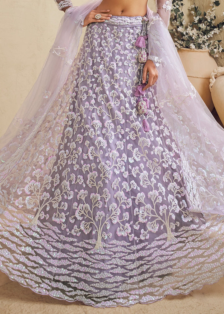 Lilac Purple Net Lehenga Choli with Floral Embroidery & Sequins work