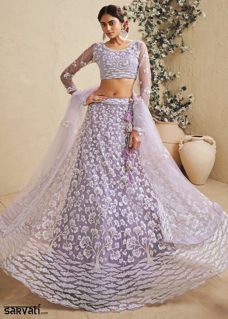 Lilac Purple Net Lehenga Choli with Floral Embroidery & Sequins work