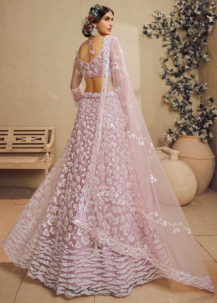 Light Pink Net Lehenga Choli with Floral Embroidery & Sequins work