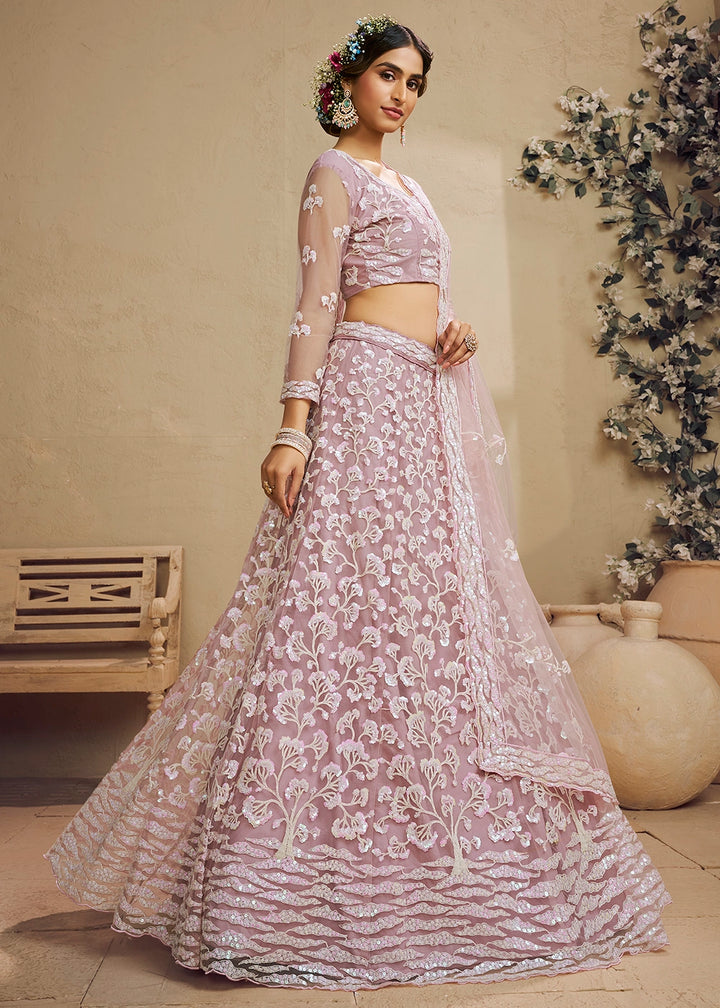 Light Pink Net Lehenga Choli with Floral Embroidery & Sequins work