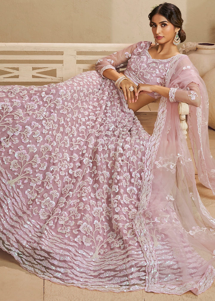 Light Pink Net Lehenga Choli with Floral Embroidery & Sequins work