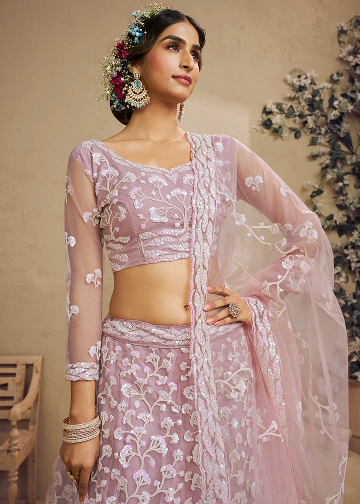 Light Pink Net Lehenga Choli with Floral Embroidery & Sequins work