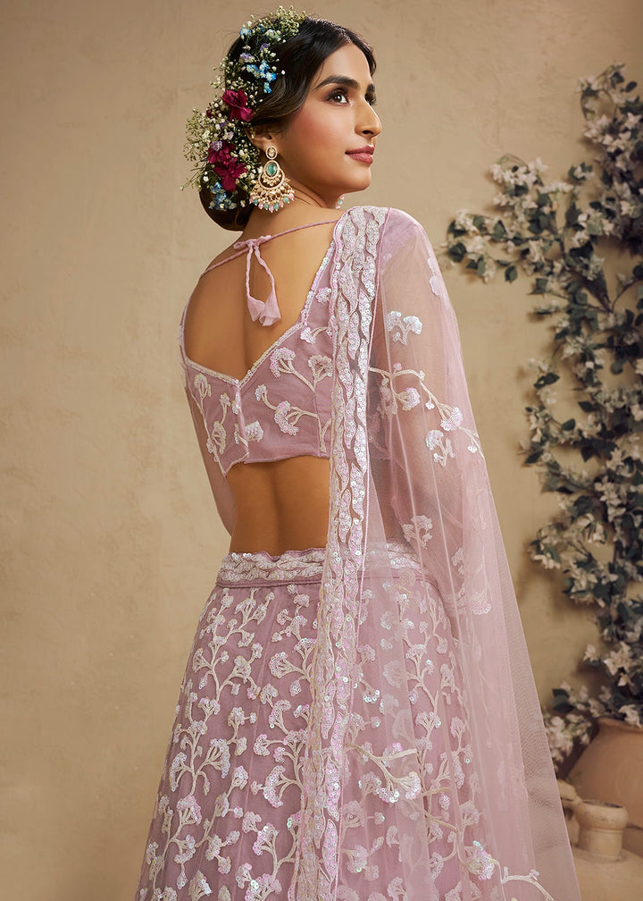 Light Pink Net Lehenga Choli with Floral Embroidery & Sequins work