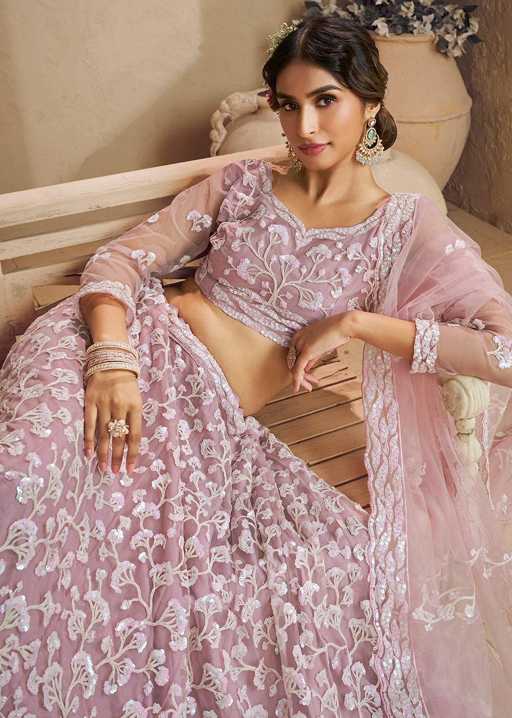 Light Pink Net Lehenga Choli with Floral Embroidery & Sequins work