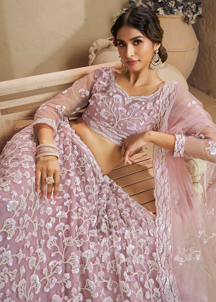 Light Pink Net Lehenga Choli with Floral Embroidery & Sequins work