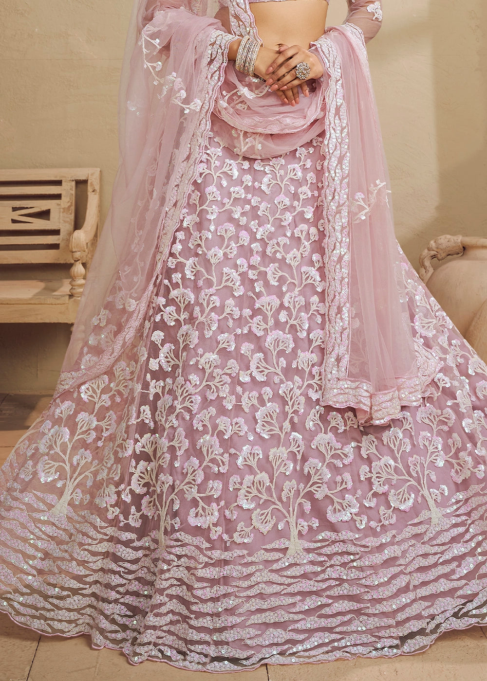 Light Pink Net Lehenga Choli with Floral Embroidery & Sequins work