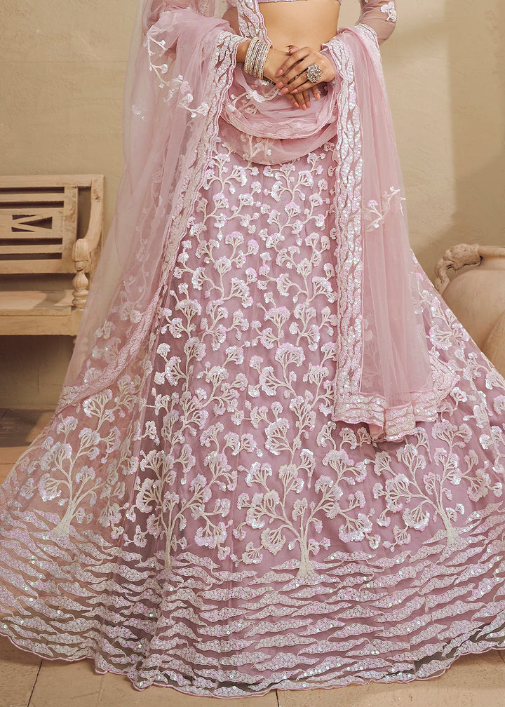 Light Pink Net Lehenga Choli with Floral Embroidery & Sequins work