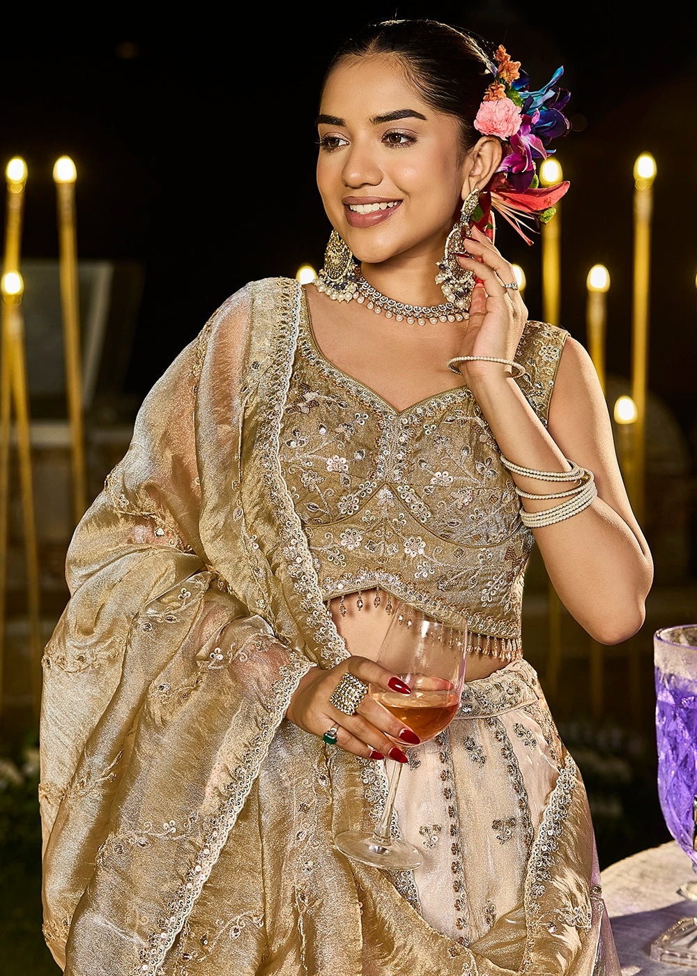 Shades Of Brown Ready-to-Wear Lehenga in Satin Silk with Embroidery
