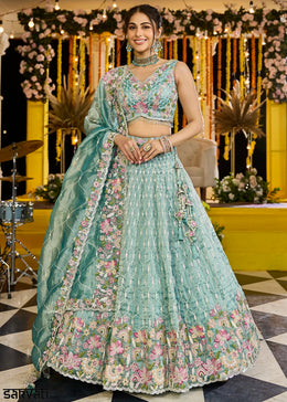 Shades Of Green Ready-to-Wear Lehenga in Satin Silk with Embroidery