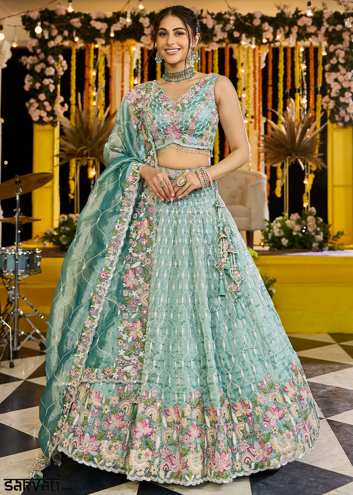 Shades Of Green Ready-to-Wear Lehenga in Satin Silk with Embroidery