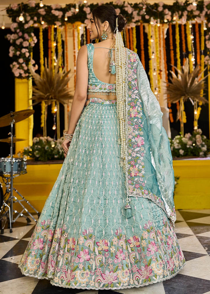 Shades Of Green Ready-to-Wear Lehenga in Satin Silk with Embroidery