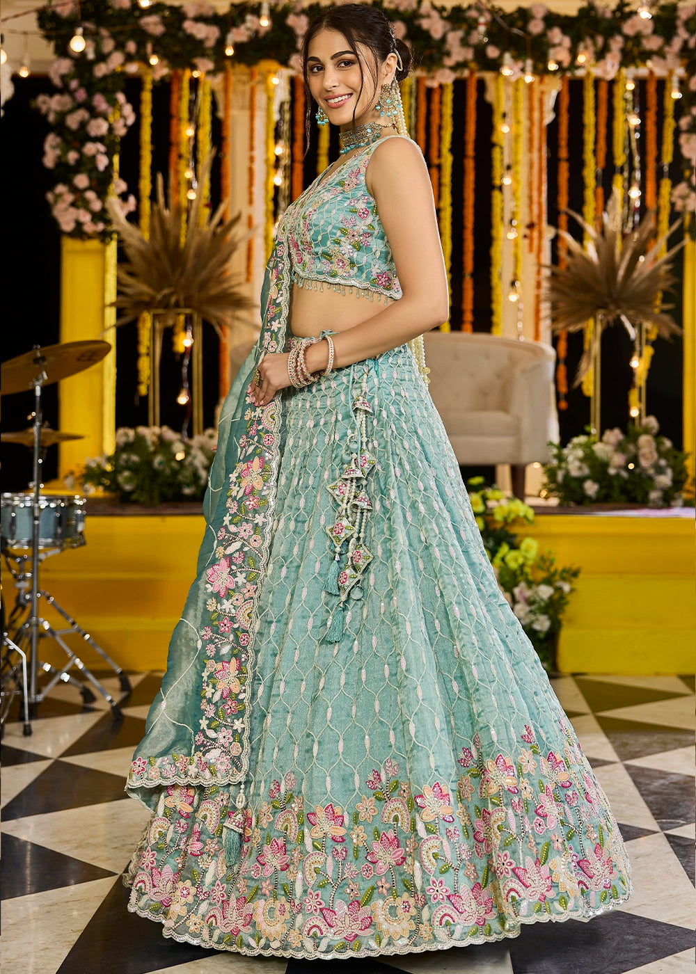 Shades Of Green Ready-to-Wear Lehenga in Satin Silk with Embroidery