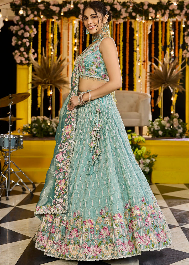 Shades Of Green Ready-to-Wear Lehenga in Satin Silk with Embroidery