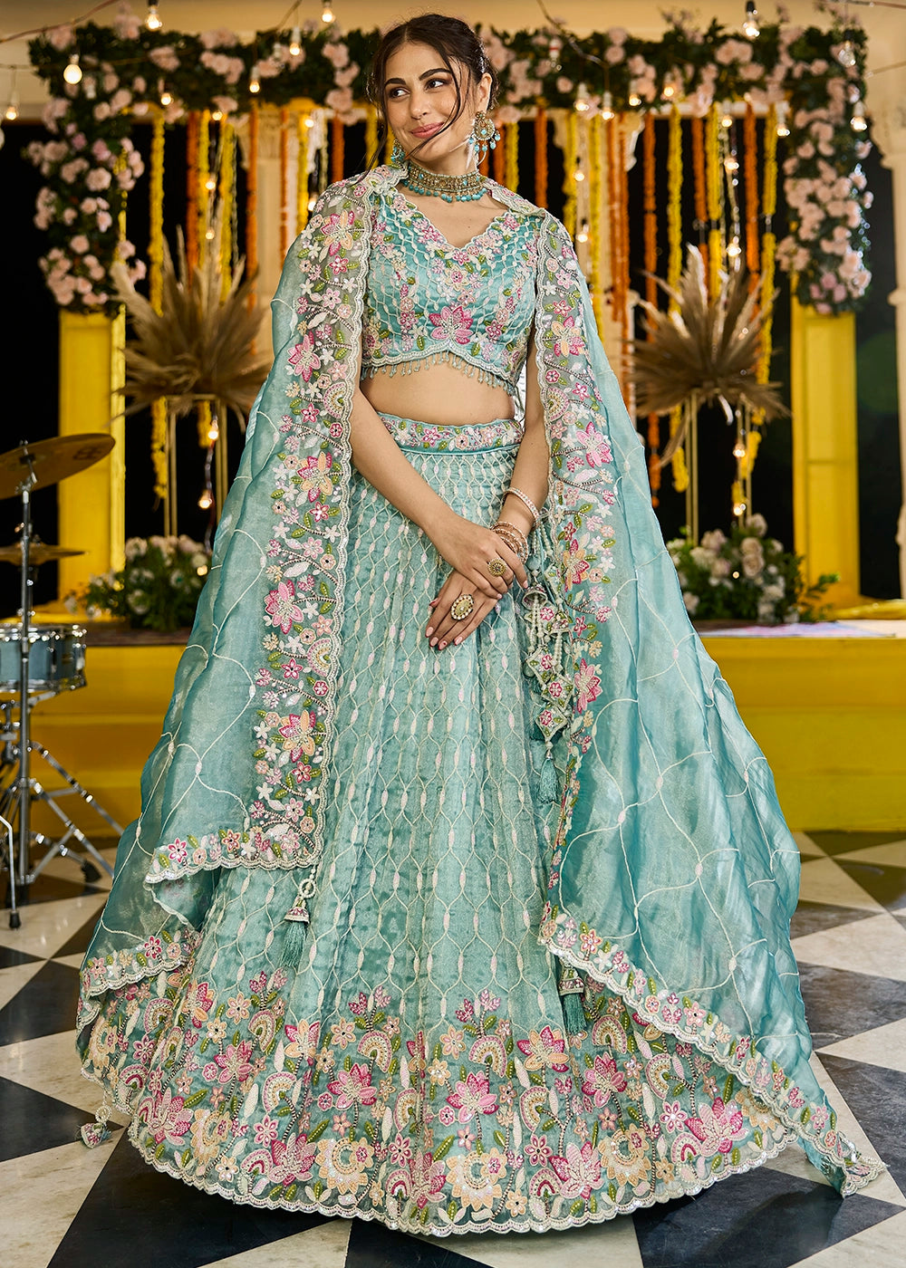 Shades Of Green Ready-to-Wear Lehenga in Satin Silk with Embroidery