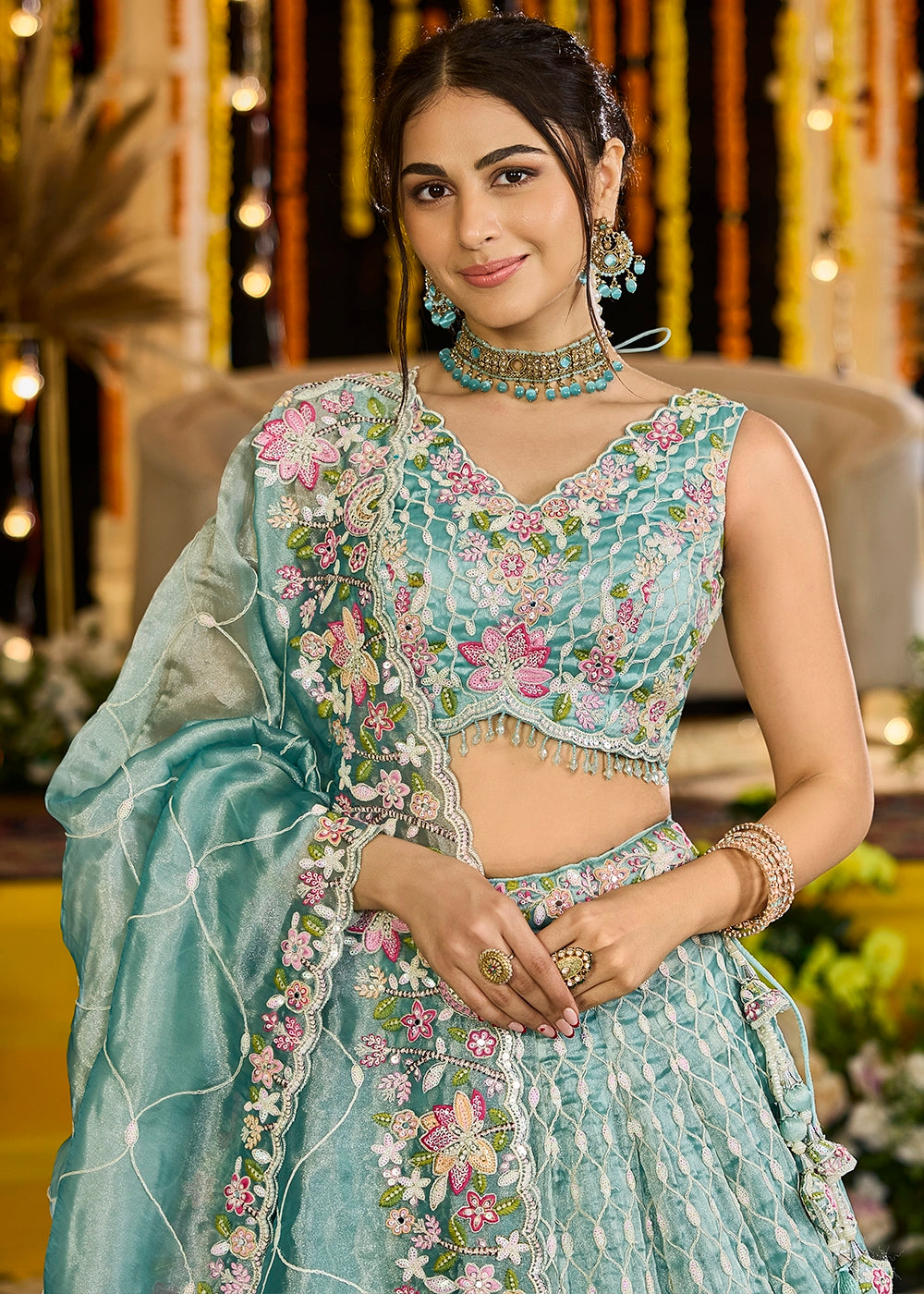 Shades Of Green Ready-to-Wear Lehenga in Satin Silk with Embroidery