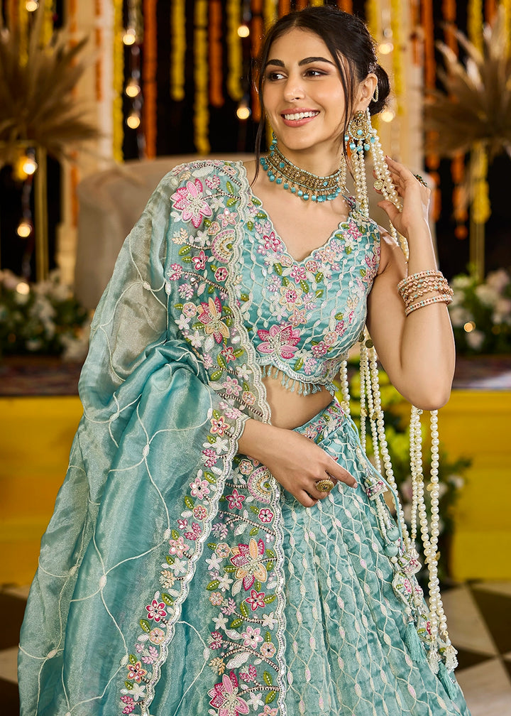 Shades Of Green Ready-to-Wear Lehenga in Satin Silk with Embroidery