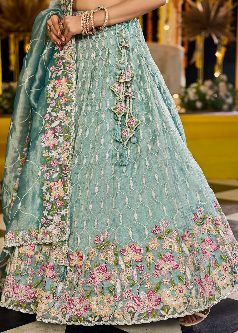 Shades Of Green Ready-to-Wear Lehenga in Satin Silk with Embroidery