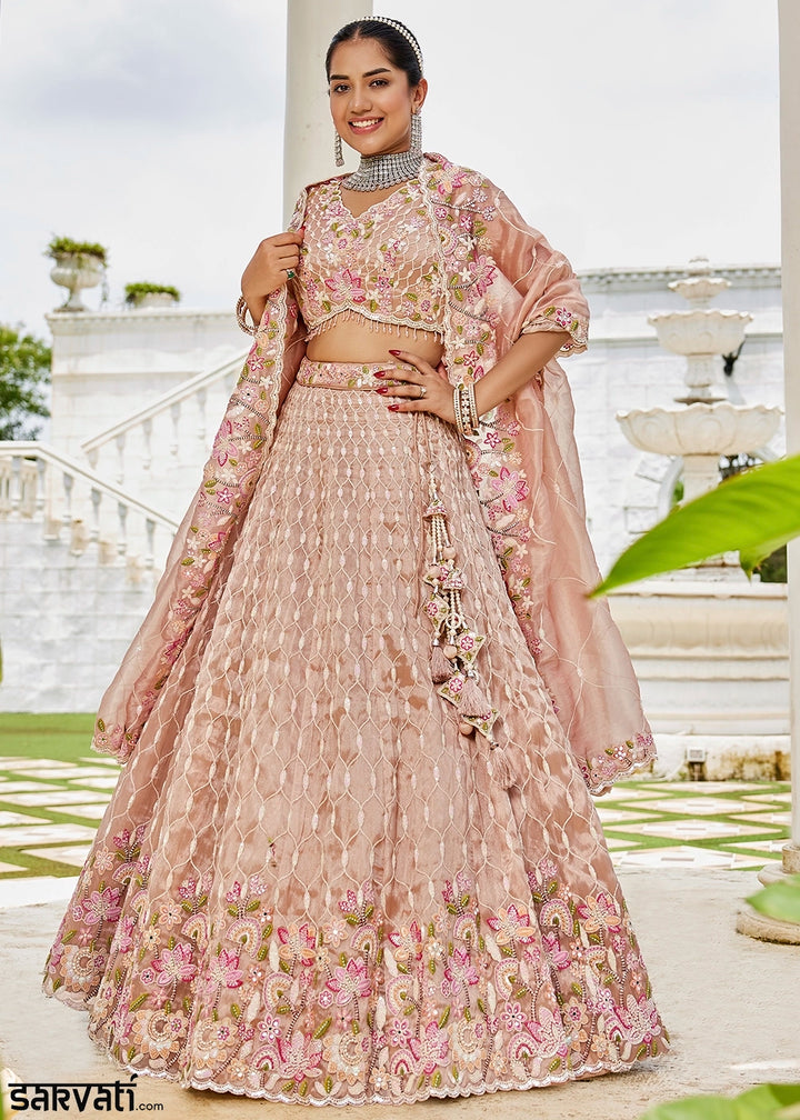 Nude Brown Ready-to-Wear Lehenga in Satin Silk with Embroidery