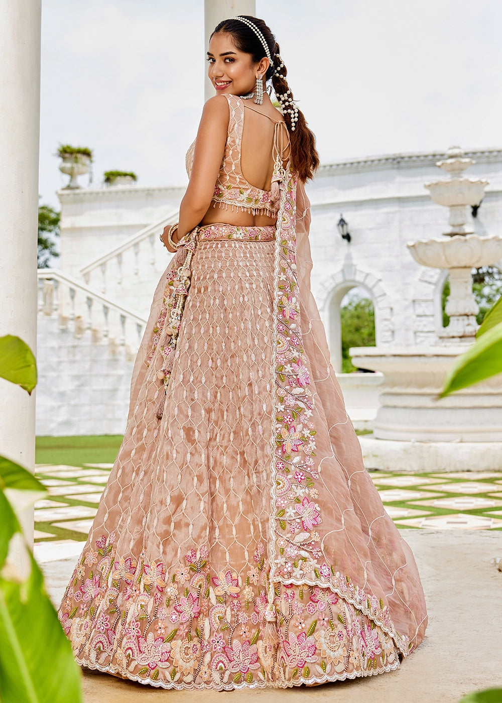 Nude Brown Ready-to-Wear Lehenga in Satin Silk with Embroidery