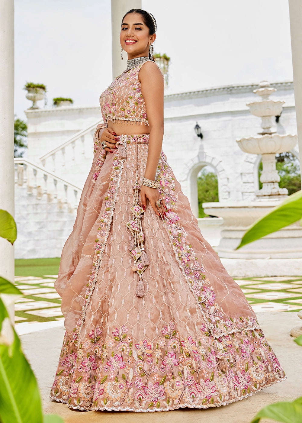 Nude Brown Ready-to-Wear Lehenga in Satin Silk with Embroidery