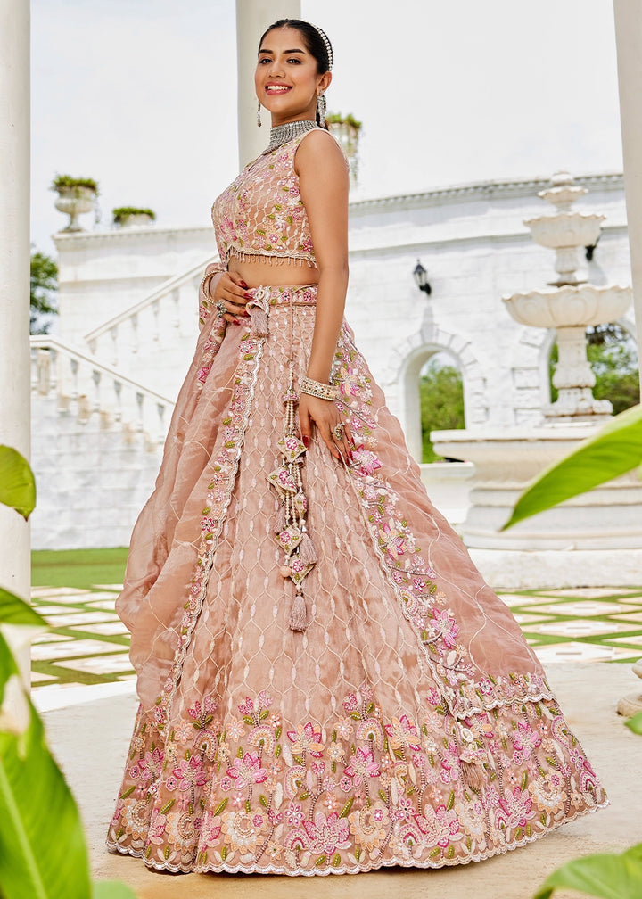 Nude Brown Ready-to-Wear Lehenga in Satin Silk with Embroidery
