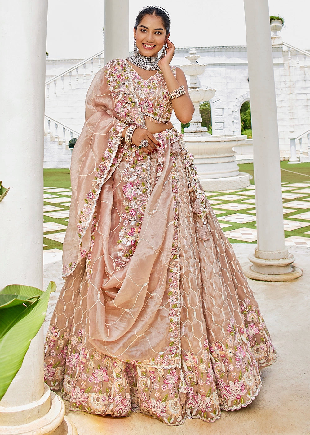 Nude Brown Ready-to-Wear Lehenga in Satin Silk with Embroidery