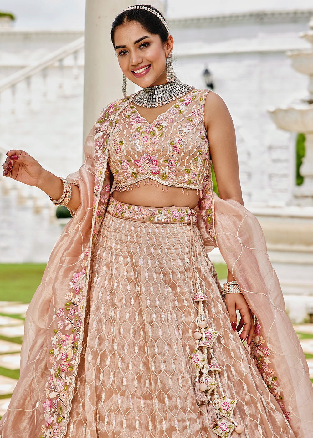Nude Brown Ready-to-Wear Lehenga in Satin Silk with Embroidery