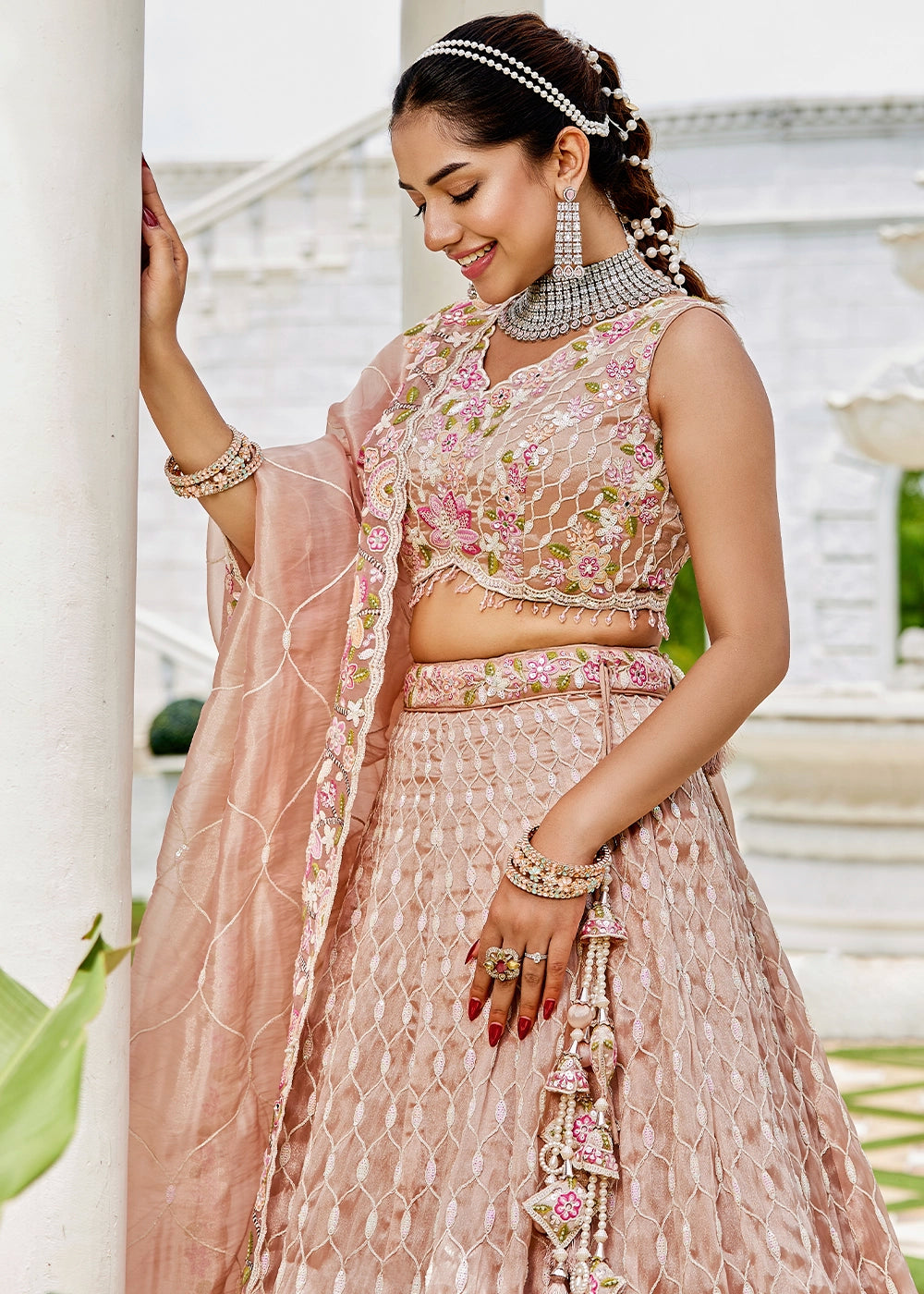 Nude Brown Ready-to-Wear Lehenga in Satin Silk with Embroidery