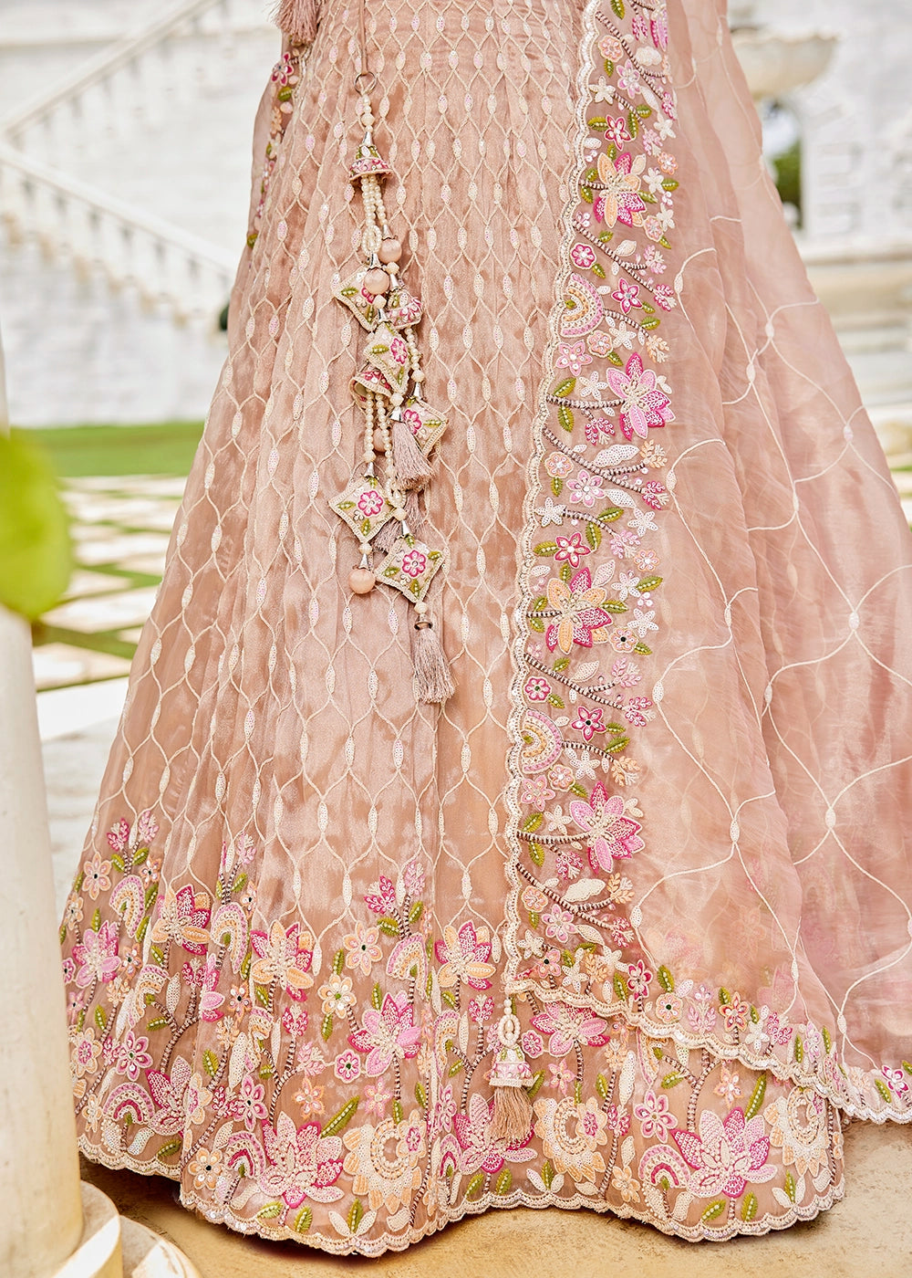 Nude Brown Ready-to-Wear Lehenga in Satin Silk with Embroidery