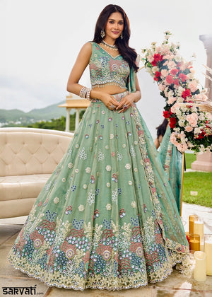 Fern Green Ready-to-Wear Lehenga in Satin Silk with Embroidery