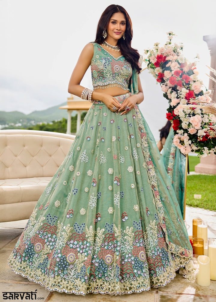 Fern Green Ready-to-Wear Lehenga in Satin Silk with Embroidery