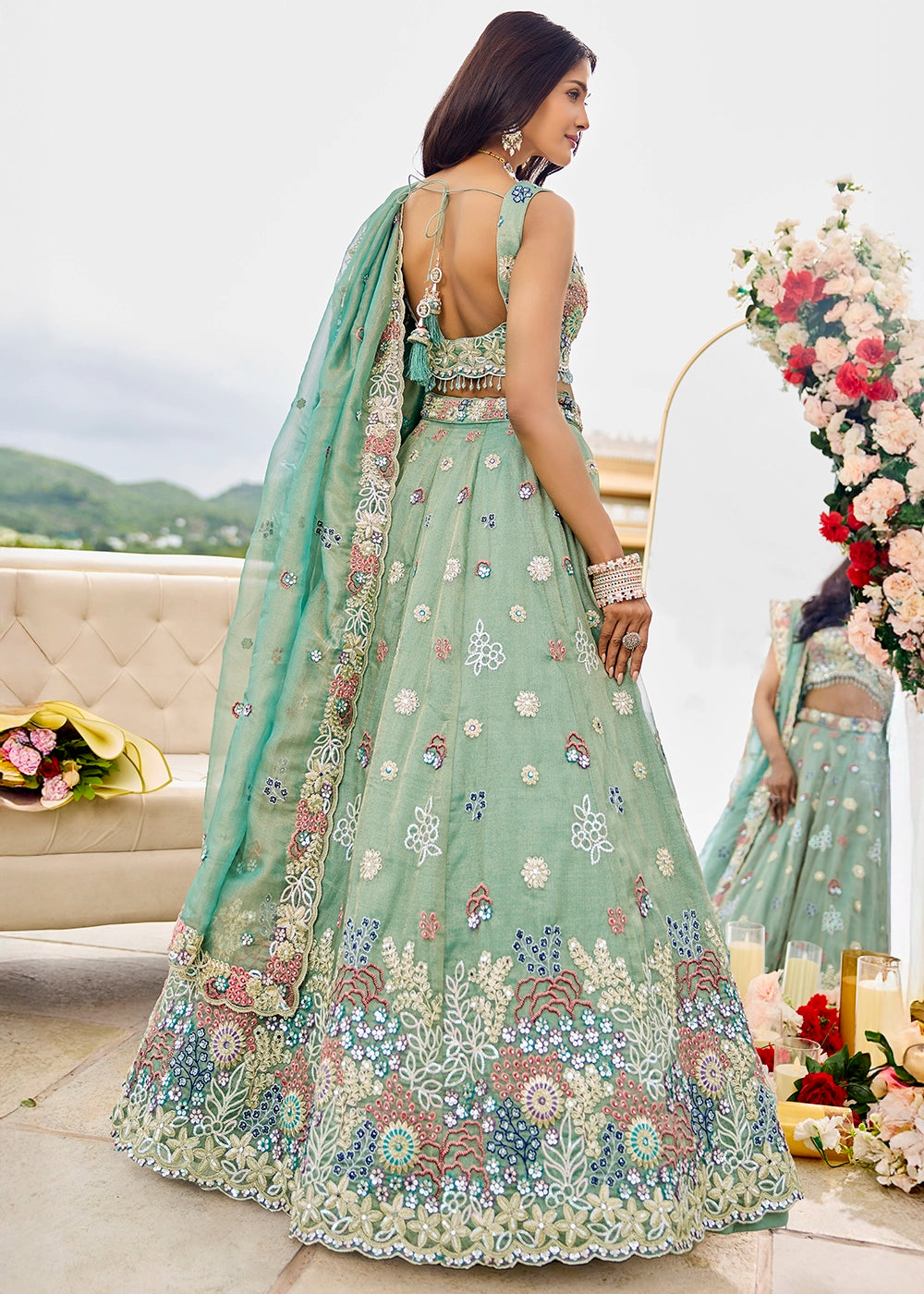 Fern Green Ready-to-Wear Lehenga in Satin Silk with Embroidery