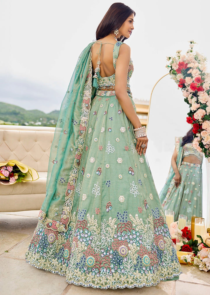Fern Green Ready-to-Wear Lehenga in Satin Silk with Embroidery