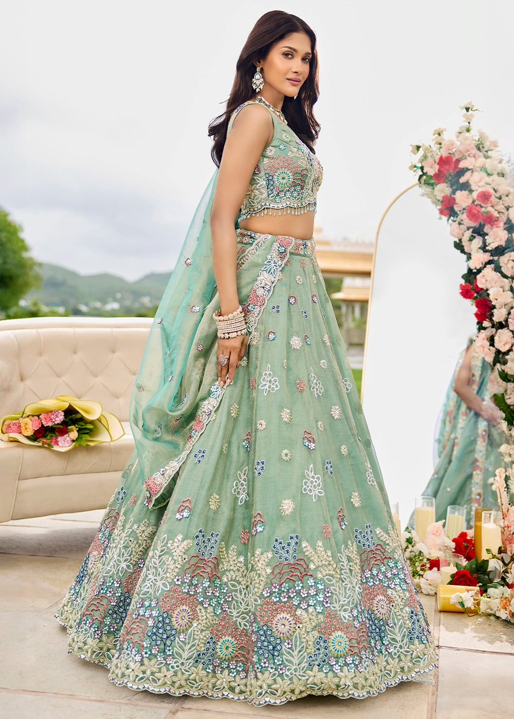 Fern Green Ready-to-Wear Lehenga in Satin Silk with Embroidery