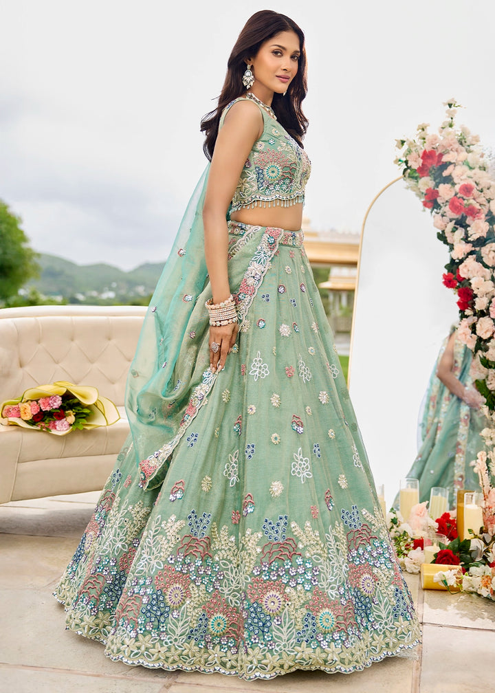 Fern Green Ready-to-Wear Lehenga in Satin Silk with Embroidery