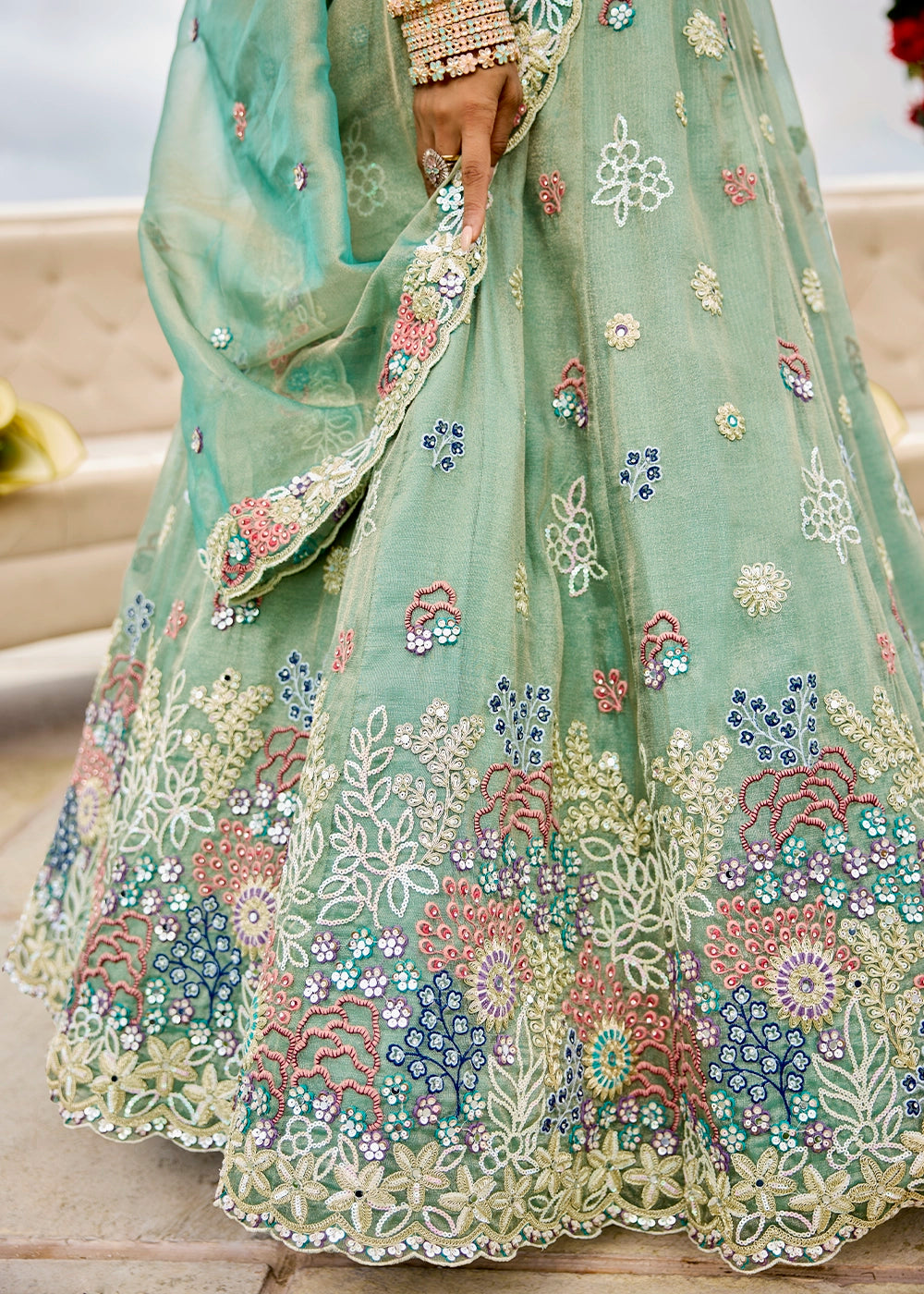 Fern Green Ready-to-Wear Lehenga in Satin Silk with Embroidery