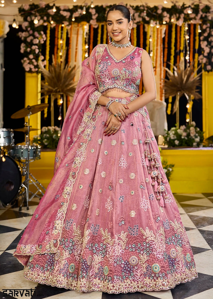 Dazzle Pink Ready-to-Wear Lehenga in Satin Silk with Embroidery