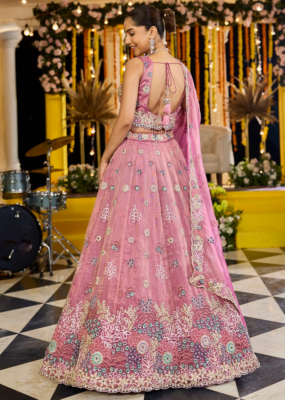 Dazzle Pink Ready-to-Wear Lehenga in Satin Silk with Embroidery