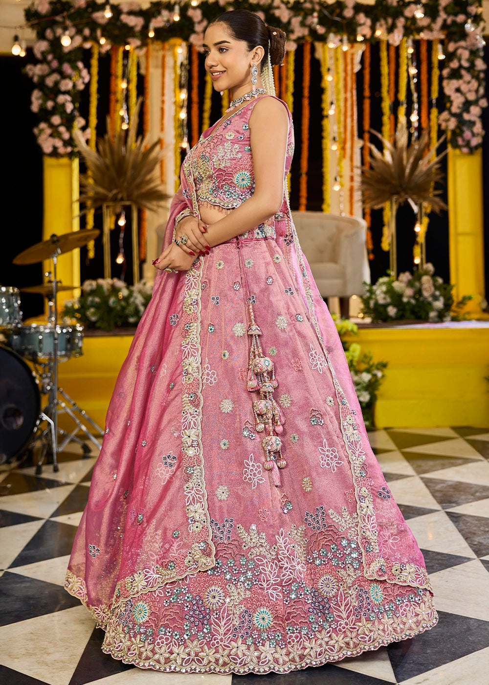 Dazzle Pink Ready-to-Wear Lehenga in Satin Silk with Embroidery