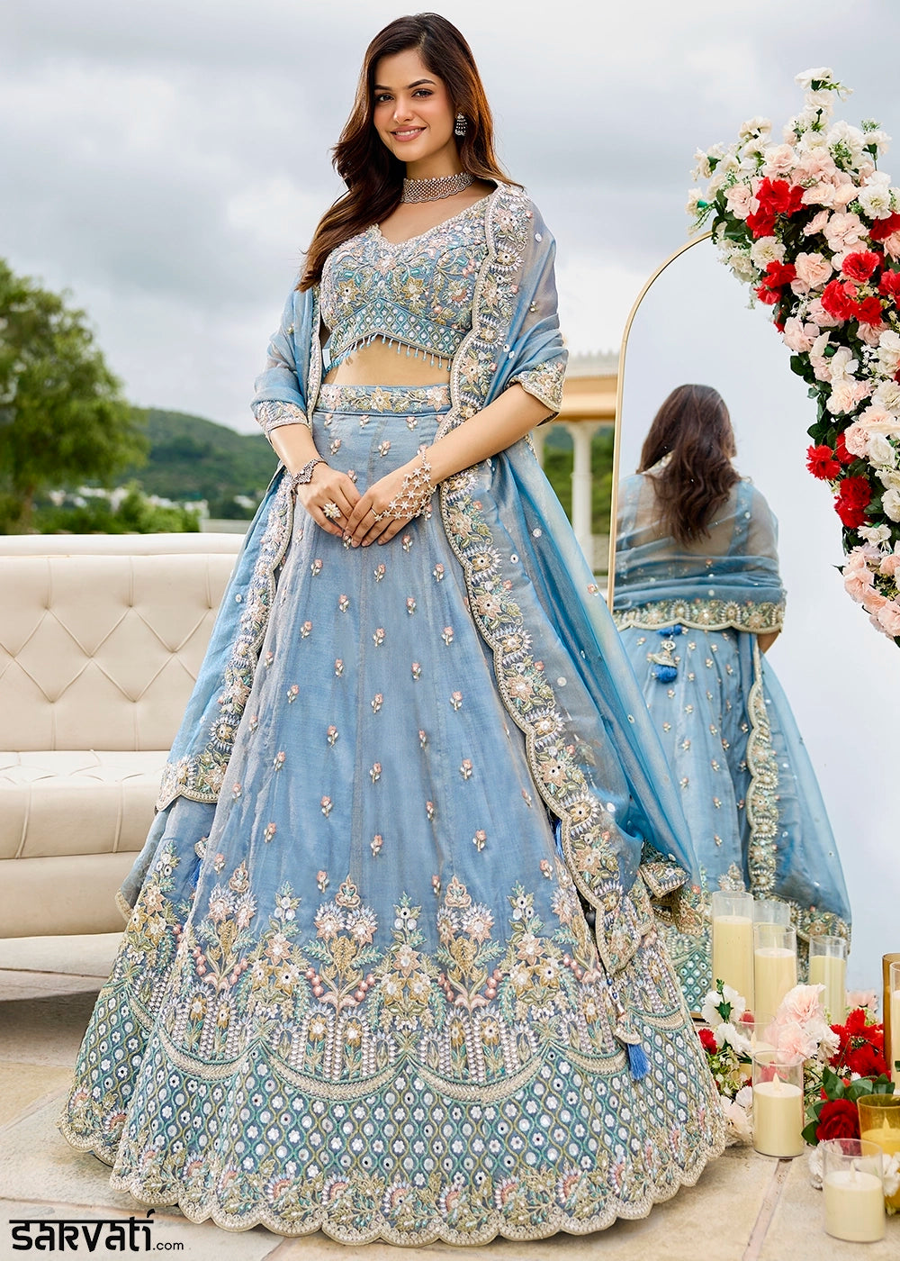 Shades Of Blue Ready-to-Wear Lehenga in Satin Silk with Embroidery