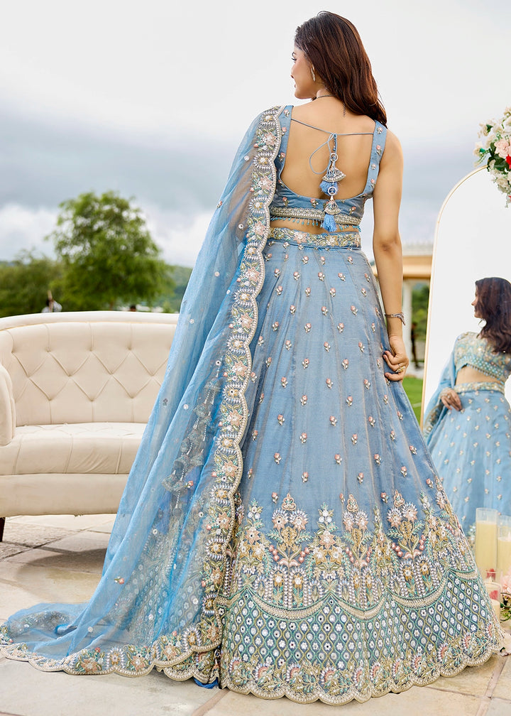 Shades Of Blue Ready-to-Wear Lehenga in Satin Silk with Embroidery