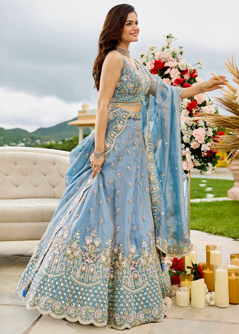 Shades Of Blue Ready-to-Wear Lehenga in Satin Silk with Embroidery