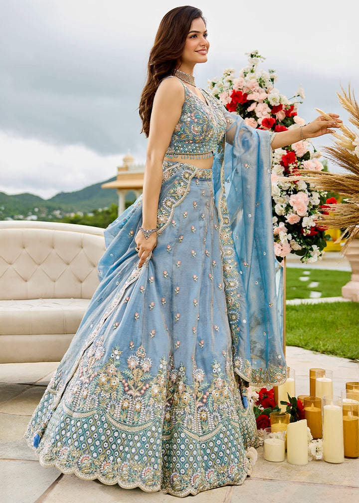 Shades Of Blue Ready-to-Wear Lehenga in Satin Silk with Embroidery