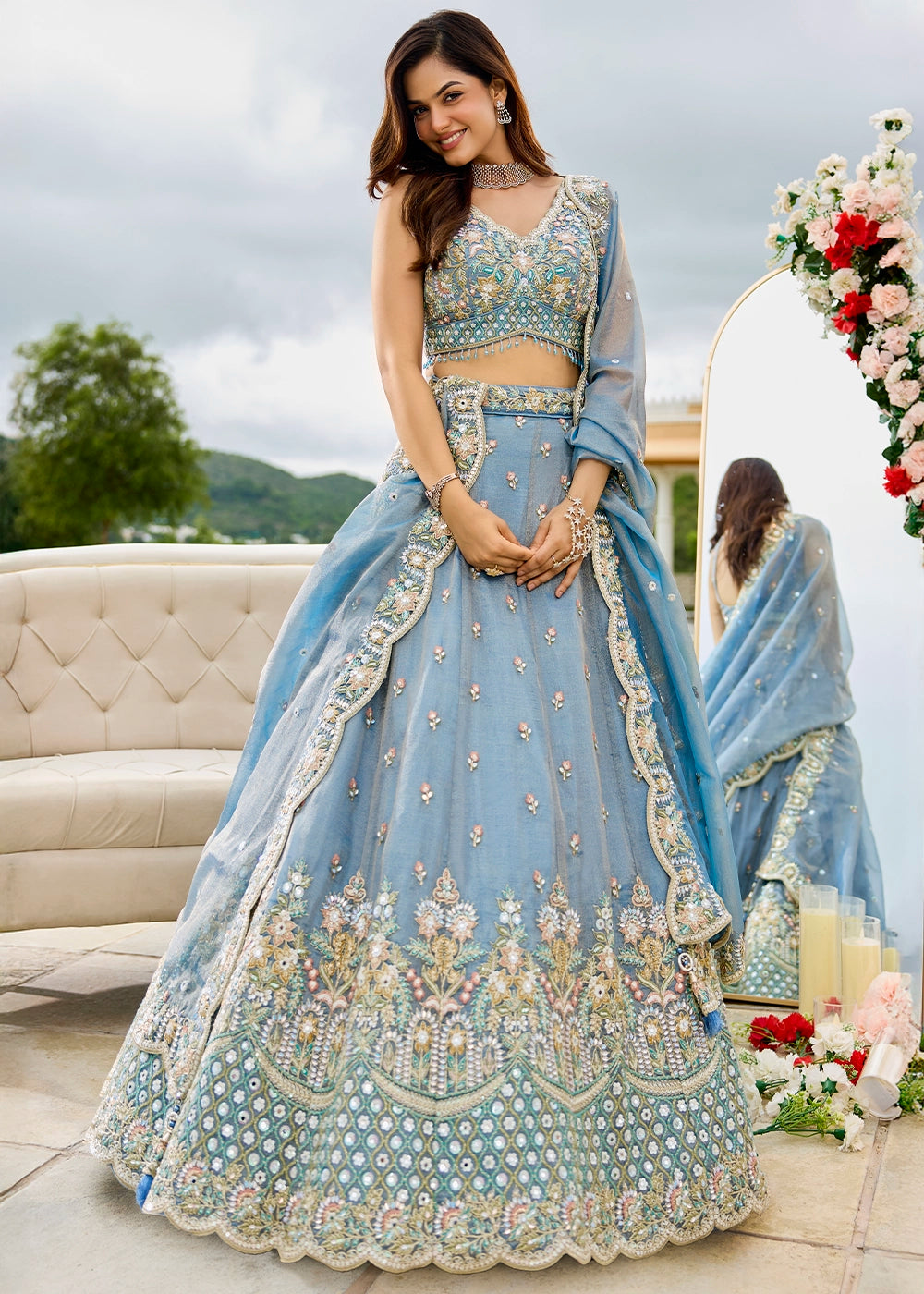 Shades Of Blue Ready-to-Wear Lehenga in Satin Silk with Embroidery